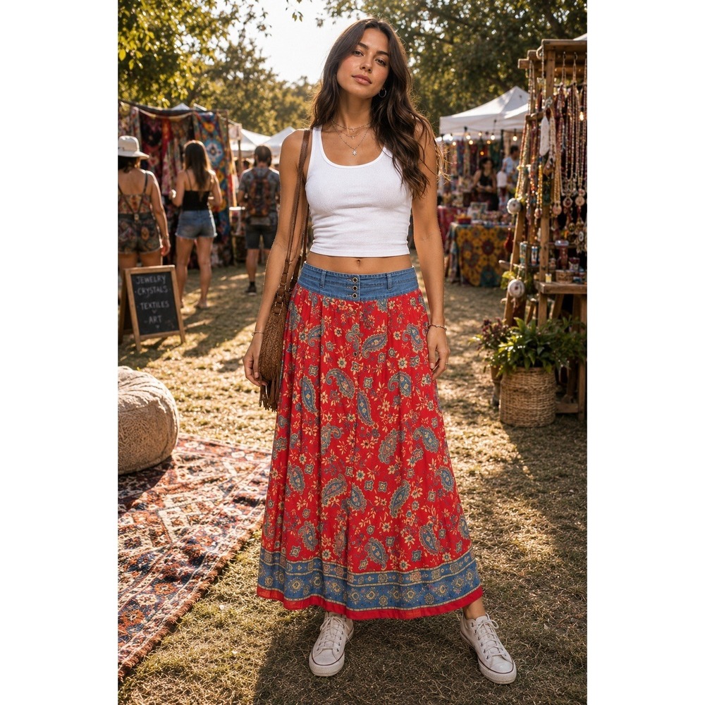 VTG Western Denim Waist Yoke Boo Paisley Floral Maxi Skirt Button Pockets TT06